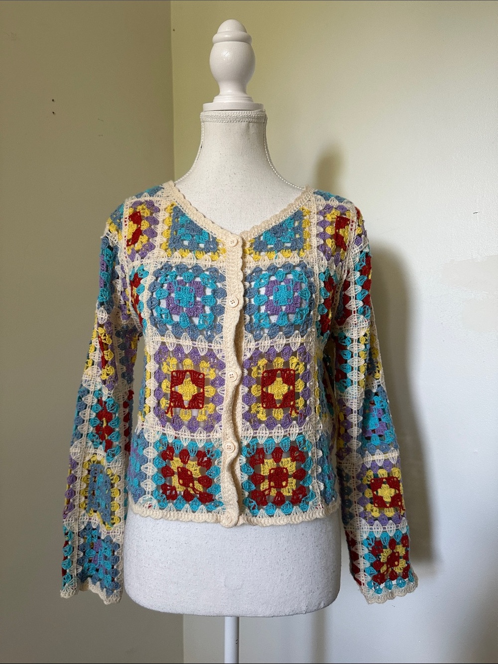 UNBRANDED Colourful Knit Crochet Granny Square Cottage Boho Button Cardigan